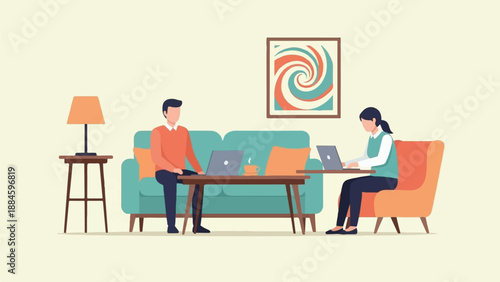 Two people work on laptops in a living room with a couch and art