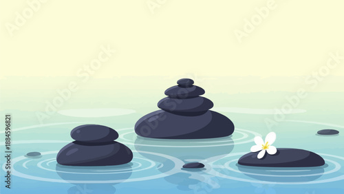 Stacked dark stones in tranquil water with rippling circles and a white flower
