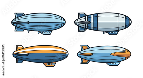 Set of different airship designs with various color schemes is presented for aviation, history, and transportation themes.