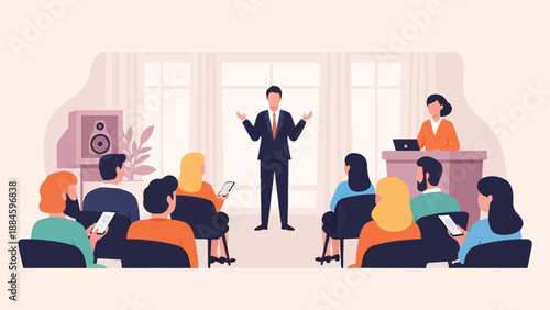 Speaker addresses audience in a modern conference room setting