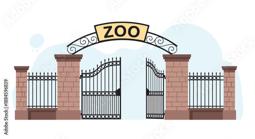 Grand iron gate at the entrance of a zoo with stone pillars and a decorative archway welcomes visitors to the animal park.