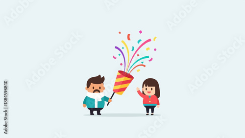 Two cartoon people celebrate with a bursting party popper shooting colorful confetti