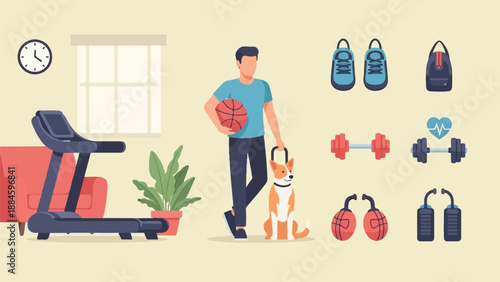 Person with dog, treadmill, and sports equipment icons on a plain background