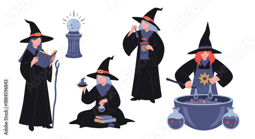 Collection of witches in different poses performing magic with a cauldron, books, and potions creates a mystical fantasy scene.