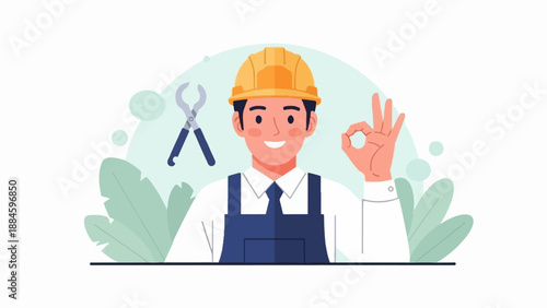 Skilled worker in hard hat gives a positive gesture with tools and foliage