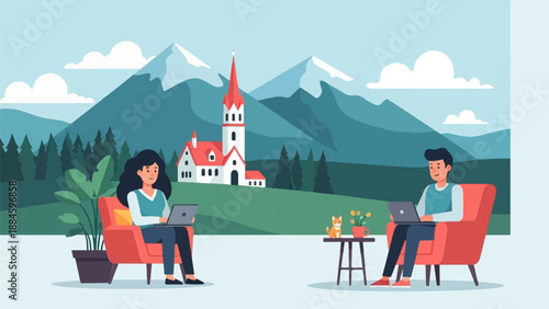 Two people work on laptops in chairs, with a house and mountains