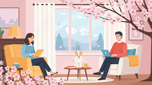 Spring day, couple at home with dog, man on laptop, woman writing, cherry blossoms
