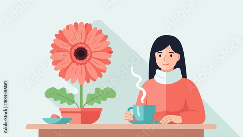 Peaceful scene of a woman enjoying a warm drink beside a blooming flower