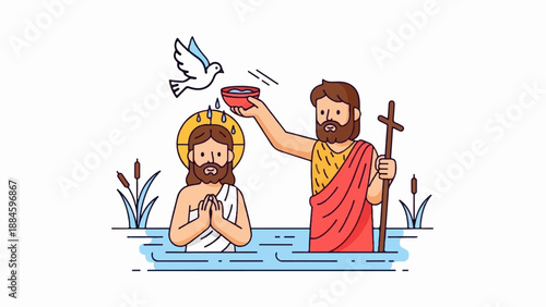 Religious baptism ceremony in river with holy figures and dove