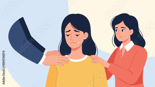 Two women comfort a crying woman, offering support and empathy