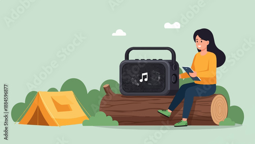 Woman enjoys music from portable speaker while camping with tent