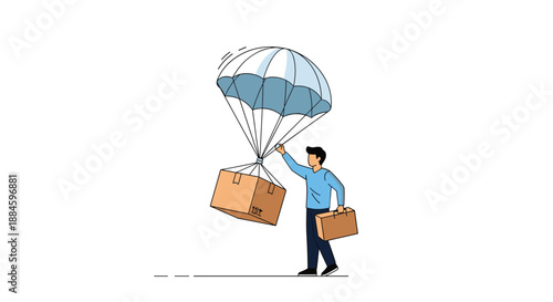 Illustration of a man holding a suitcase while a large cardboard box is delivered via parachute represents air freight and travel.