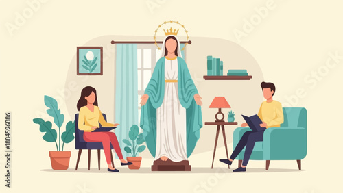 Religious statue between two people reading in a cozy room