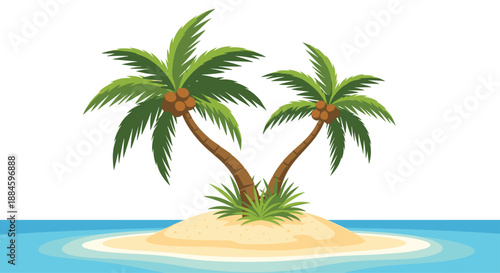 Small tropical island with golden sand and two lush palm trees in the middle of a blue ocean evokes a sense of peace and paradise.