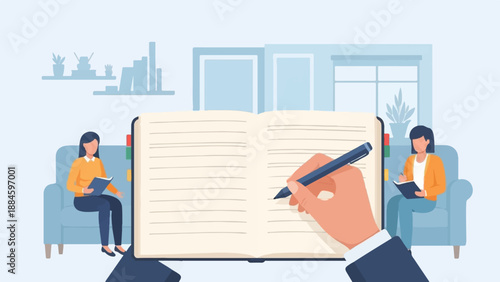 Two people reading and writing in a room with a large open notebook