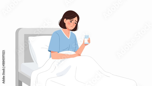 Sick woman in hospital bed holding medicine bottle, looking sad