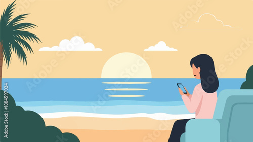Woman using phone on beach chair watching ocean sunset with palm tree