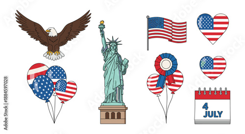 National symbols of the United States including an eagle, Statue of Liberty, flags, and balloons for patriotic celebrations.