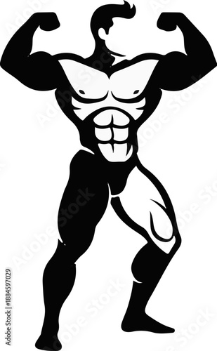 Stylized silhouette of a muscular man flexing both biceps