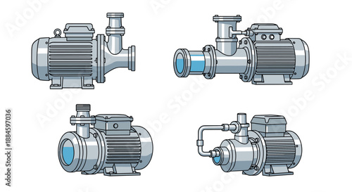Four high-pressure industrial water pumps made of metal for plumbing, agricultural irrigation, and liquid transport systems.
