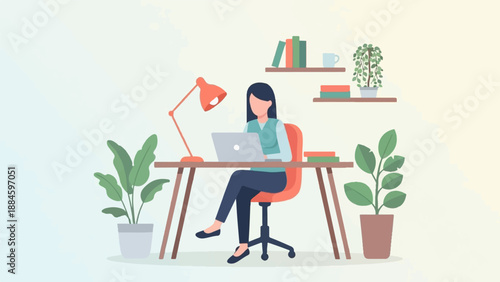 Person working on a laptop at a desk with plants and books