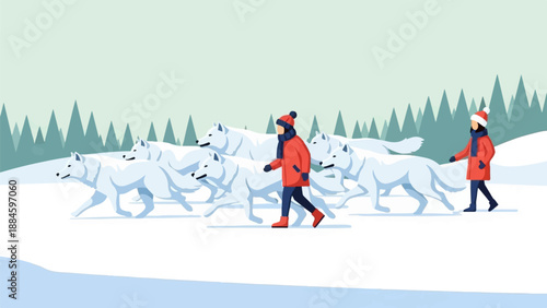 Two figures in warm clothing walk amidst a pack of white wolves in a snowy forest