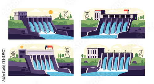 Four different designs of hydroelectric power plants or dams showing flowing water and high-voltage electricity towers.