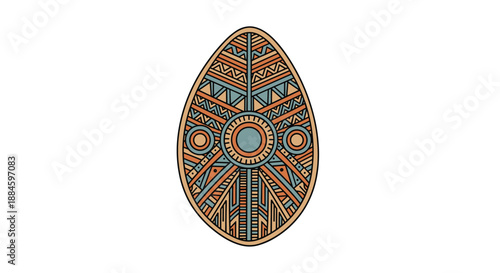 Ancient tribal oval shield decorated with intricate ethnic patterns and geometric shapes in brown, blue, and orange colors.