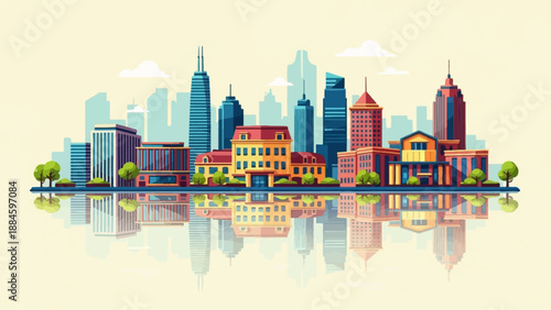 Stylized city skyline with reflected buildings and green trees under a pale sky