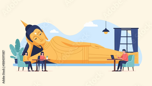 People relax and work near a giant reclining golden Buddha statue