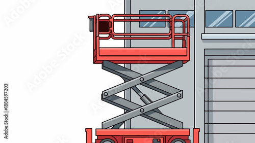 Red scissor lift beside a grey building with windows and doors