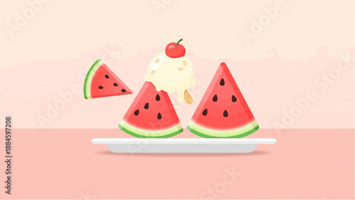 Refreshing summer treat with watermelon slices and vanilla ice cream