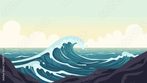 Pixel art illustration of a large ocean wave crashing against dark rocks under a cloudy sky