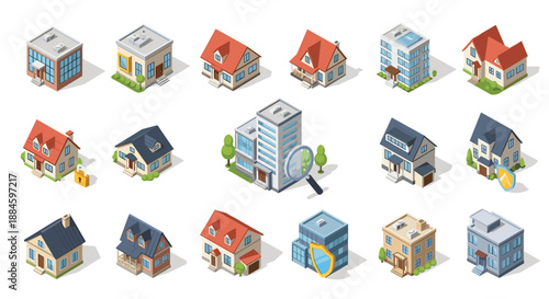 Large isometric set of various house types and commercial buildings including offices, residences, and security protected structures.