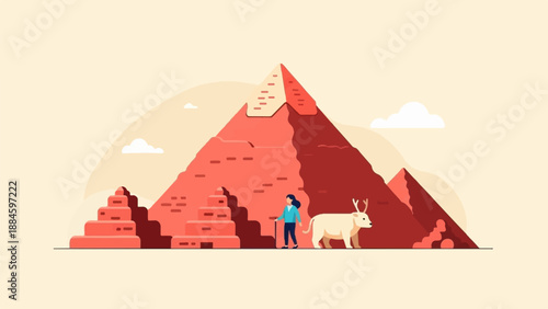 Person and deer by ancient desert pyramids under a pale sky