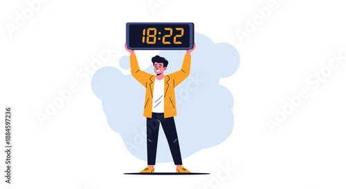 Cheerful man wearing a yellow jacket holding up a large digital clock that displays the time as eighteen twenty-two with bright orange numbers.