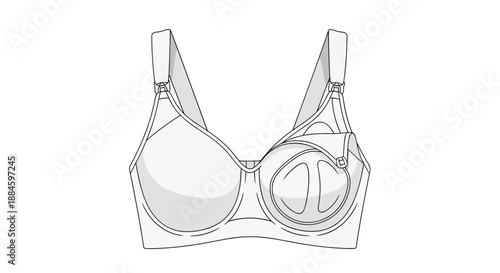 Line art nursing bra illustration with an open cup design specifically created for breastfeeding mothers, shown in a clean and minimal style.
