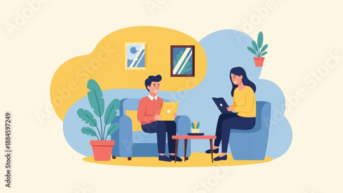 Two people sit on couches in a stylized room with plants and artwork