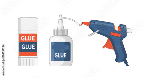 Different types of adhesive glue products including glue stick, liquid bottle, and a blue hot glue gun for craft and repair.