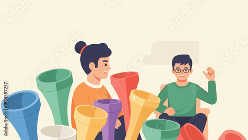 Two people interact amidst a colorful array of funnels