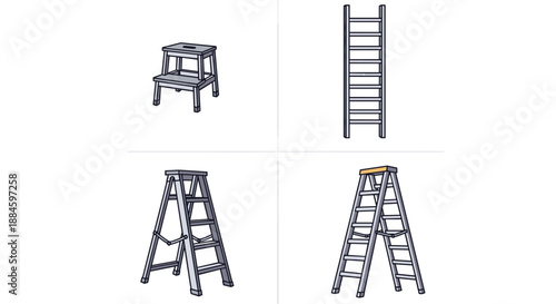 Group of different ladder styles including a small two-step stool, a straight ladder, and two types of foldable A-frame ladders for home use.