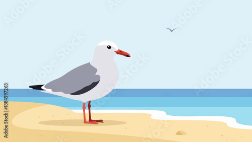 Seagull stands on a sandy beach by the ocean under a clear sky