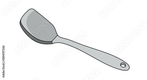 Grey kitchen spatula with a long thin handle and a wide flat head, used as an essential cooking tool for flipping, turning, and serving food.