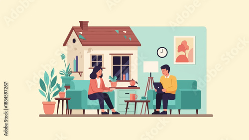 Two people relax in a living room with plants and a house illustration