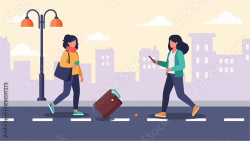Two women on a street, one drops a wallet as the other looks at her phone