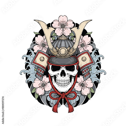 Illustration of a skull wearing a samurai helmet with cherry blossoms and Japanese tattoo art on a white background with a mix of black, red, and pink colors.