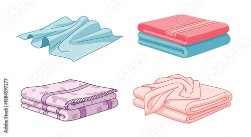 Collection of various folded towels in multiple colors and patterns, along with a single unfolded light blue towel for bathroom or pool use.