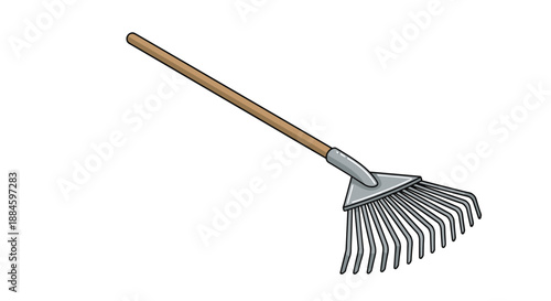 Metal garden rake with a long wooden handle used for gathering leaves, debris, and leveling soil in outdoor landscaping and yard maintenance.