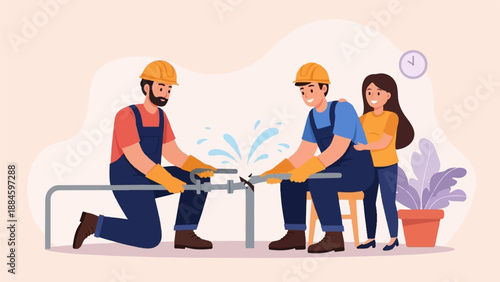 Two workmen repair a leaking pipe while a woman watches with a plant