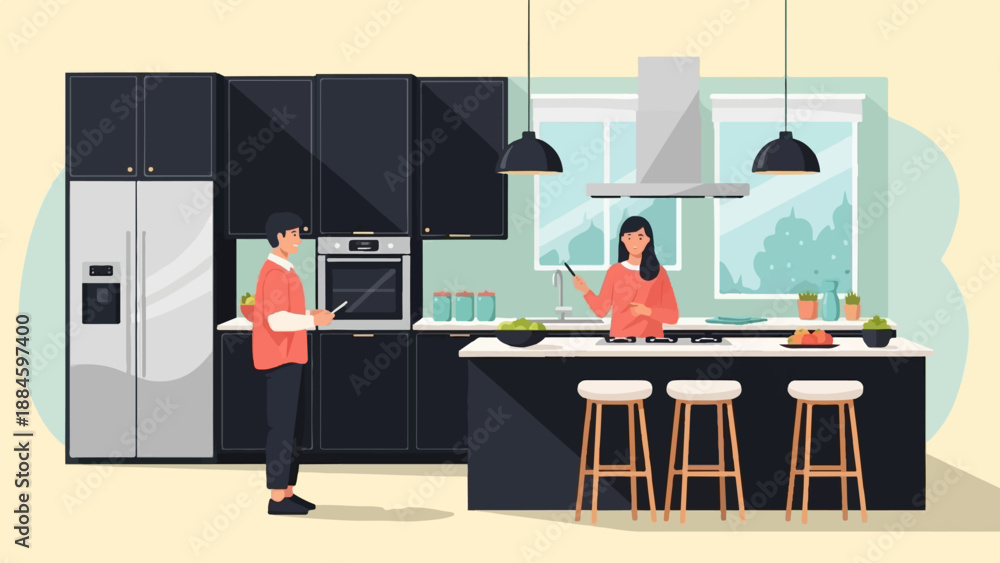 © Arzen - Modern kitchen scene with two people preparing food at a large island © Arzen - Modern kitchen scene with two people preparing food at a large island